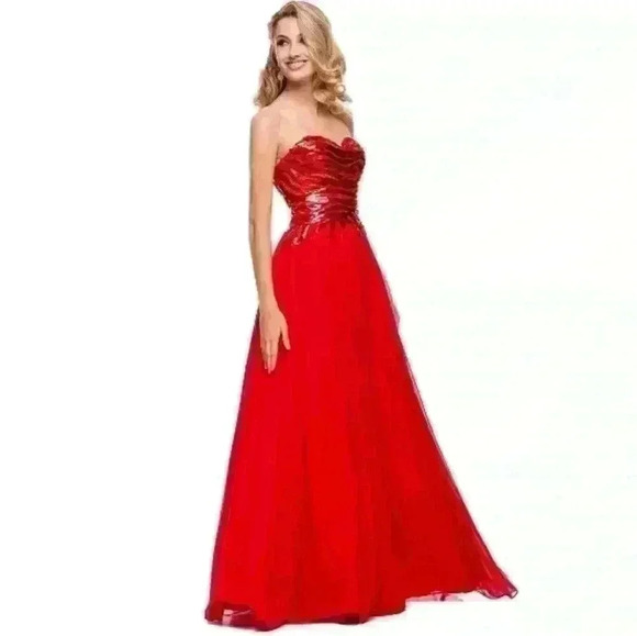Nox Narianna Red Sequin Strapless Long A-Line Prom - Picture 1 of 2